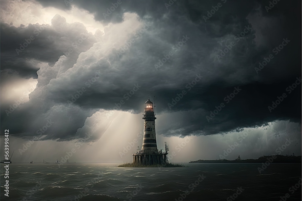 a lighthouse in the middle of a storm with a light shining on it's side ...