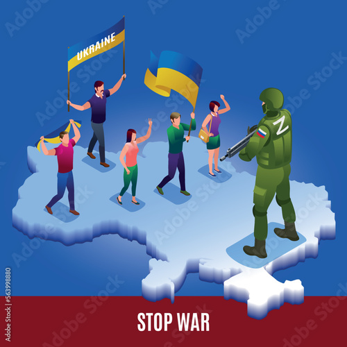 Ukrainians who face Big Russian soldier and oppose the invasion of Ukraine. Stop Russia. Illustration isometric icons on isolated background