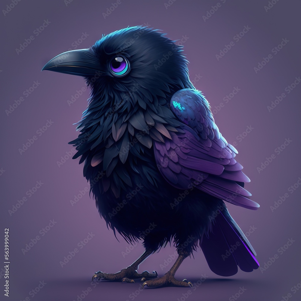 Obraz premium a black bird with a blue eye sitting on a purple background with a purple background and a purple background with a black bird with a blue eye and a purple background generative ai