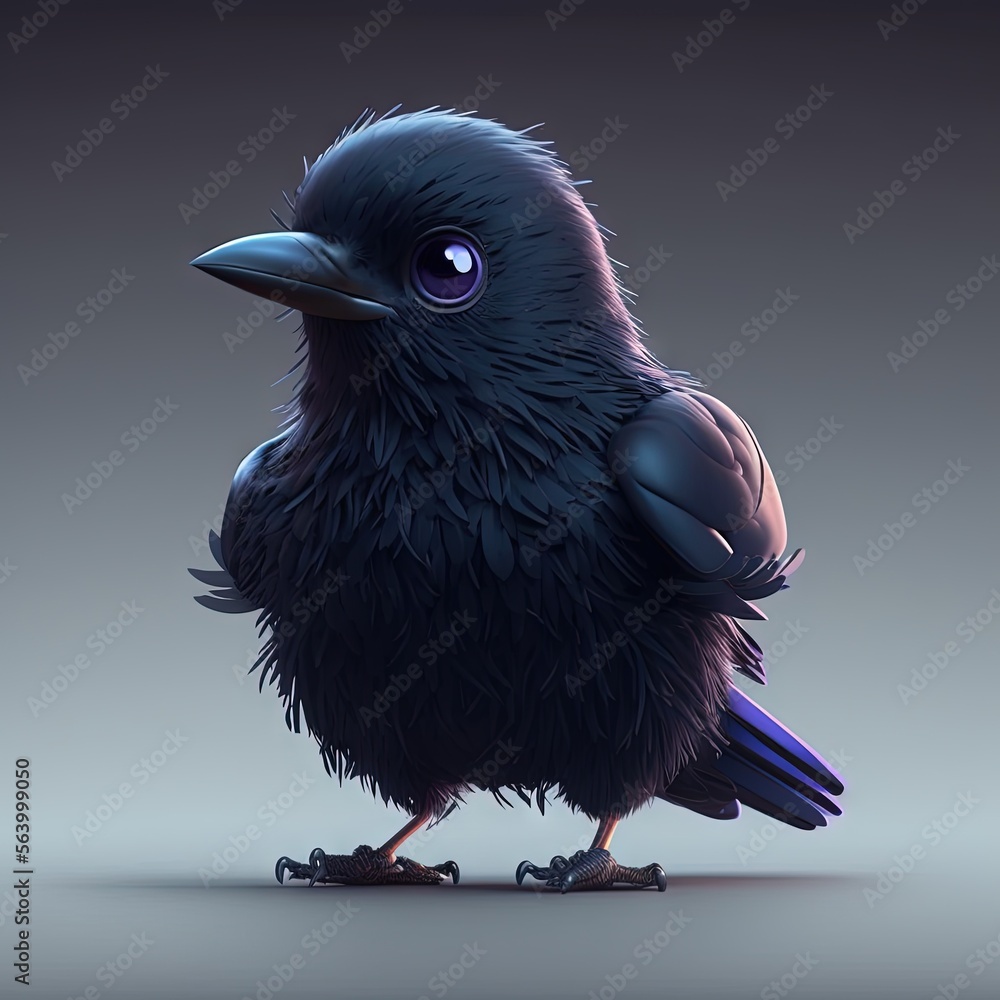 Obraz premium a black bird with a blue beak and a black head and legs, with a gray background, with a gray background, and a black background with a gray background, gray, with a. generative ai
