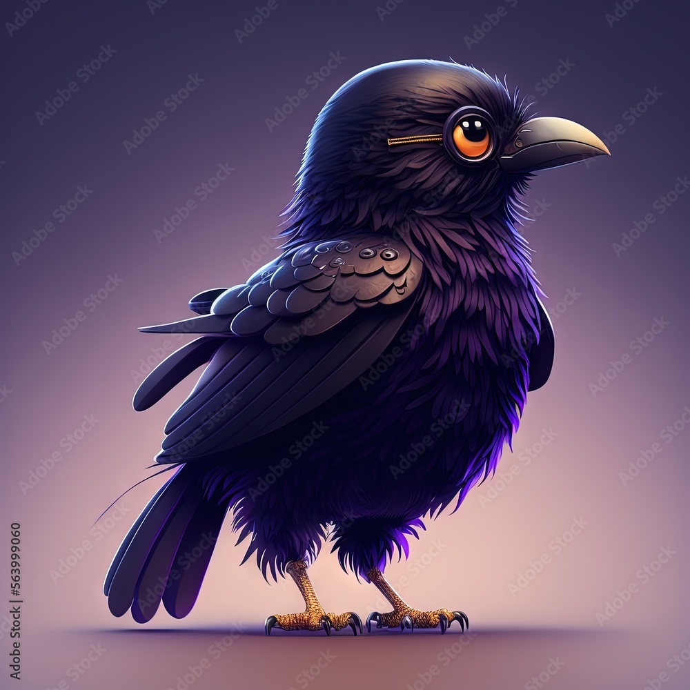 Obraz premium a black bird with orange eyes standing on a purple background with a purple background and a purple background with a black bird with orange eyes and a yellow generative ai