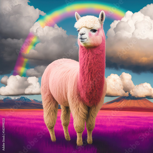 Alpaka mit rosa, pinkem Fell und Regenbogen - Generative AI