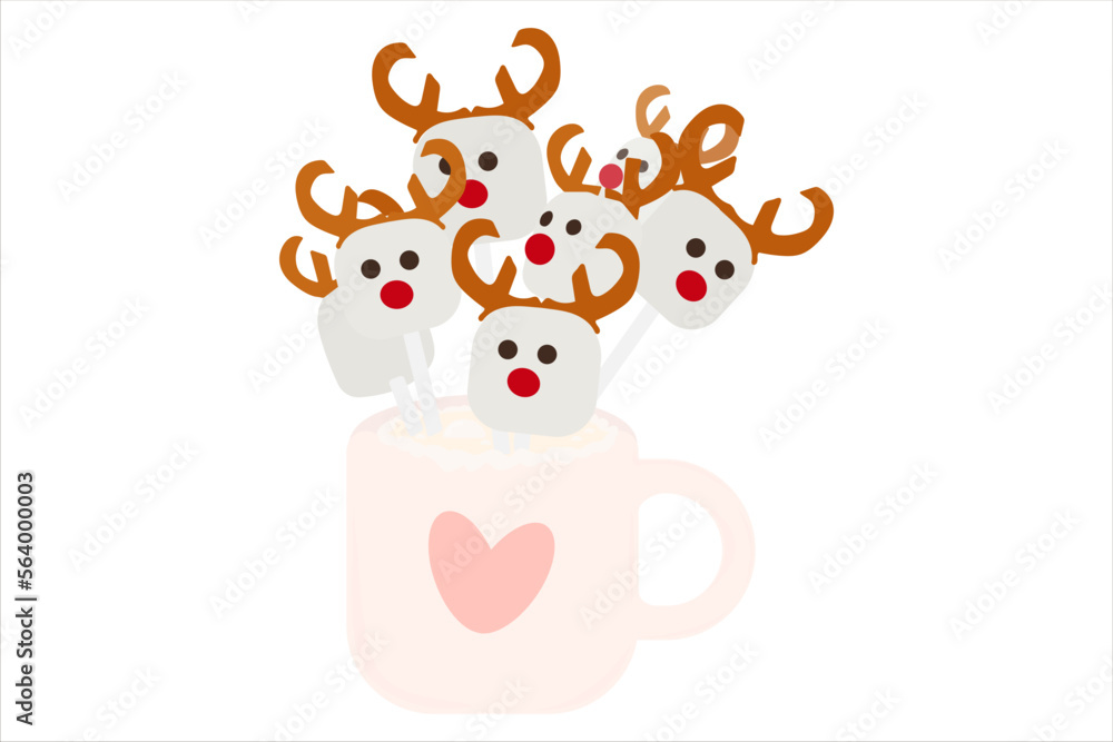 Cup of cocoa with marshmallows. Reindeer with marshmallows. Hot dessert. Cup of cocoa with marshmallows. Reindeer with marshmallows. Hot dessert.