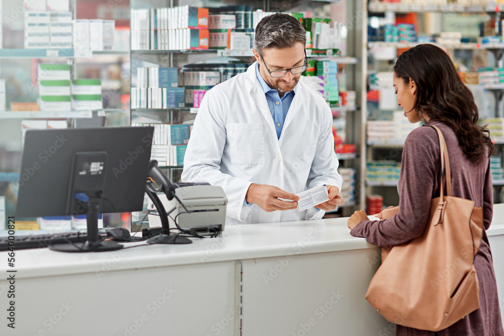 Medicine, service and help of pharmacist consulting at health store counter with expert knowledge. Medication advice and trust of girl with kind worker checking information at pharmacy. Medicine, service and help of pharmacist consulting at health store counter with expert knowledge. Medication advice and trust of girl with kind worker checking information at pharmacy.
