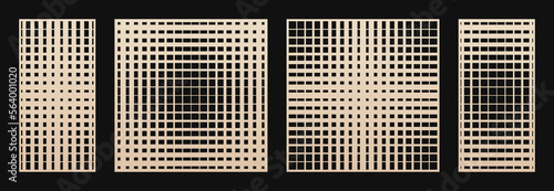 Laser cut panel set. Abstract geometric patterns collection with lines, squares, halftone grid, gradient transition. Decorative stencil for laser cutting of wood, metal, paper. Aspect ratio 1:2, 1:1