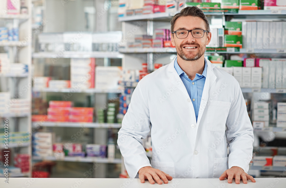 Pharmacy, portrait and pharmacist man smile for medicine, product on shelf and healthcare industry help desk. Trust, expert and medical professional worker for supplements, pills or drugs management