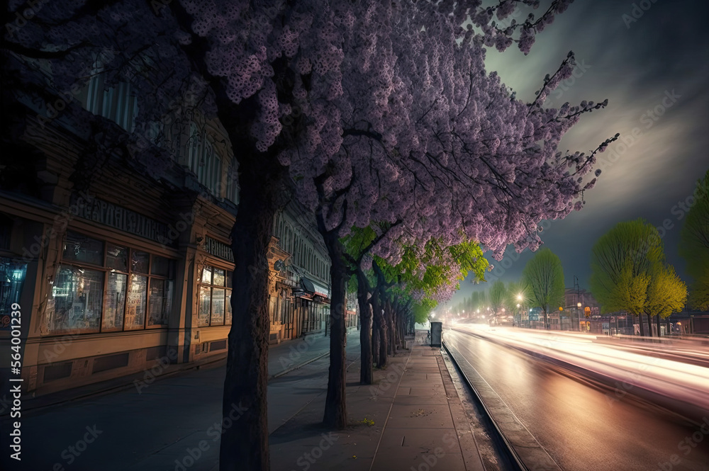 night city street in spring. Generative AI image.