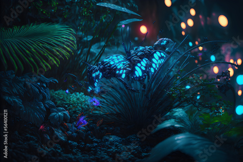 avatar pandora planet at night, neon glowing insects flying in jungle, glowing dots at plants and trees photo