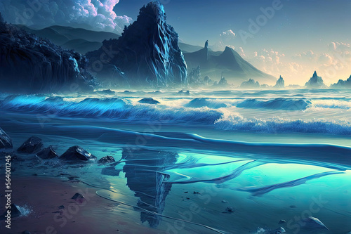 cyan sea landscape. Generative AI image.