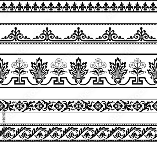 Decorative seamless floral borders, classic art. Black and white colors.