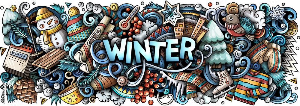 Winter detailed lettering cartoon illustration