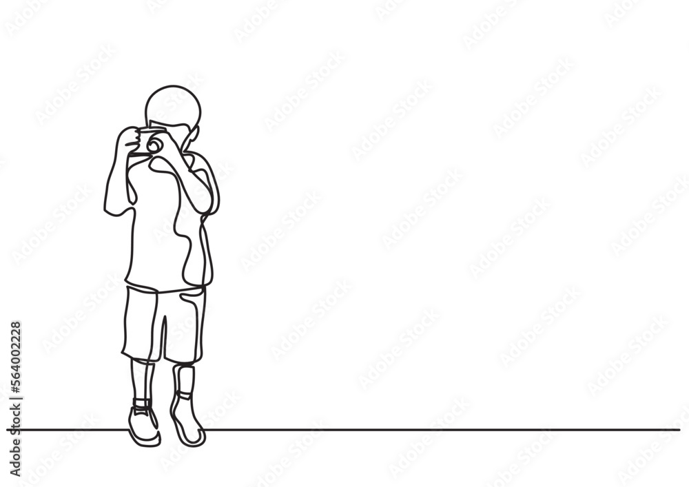 Obraz premium continuous line drawing vector illustration with FULLY EDITABLE STROKE of boy making photos with camera
