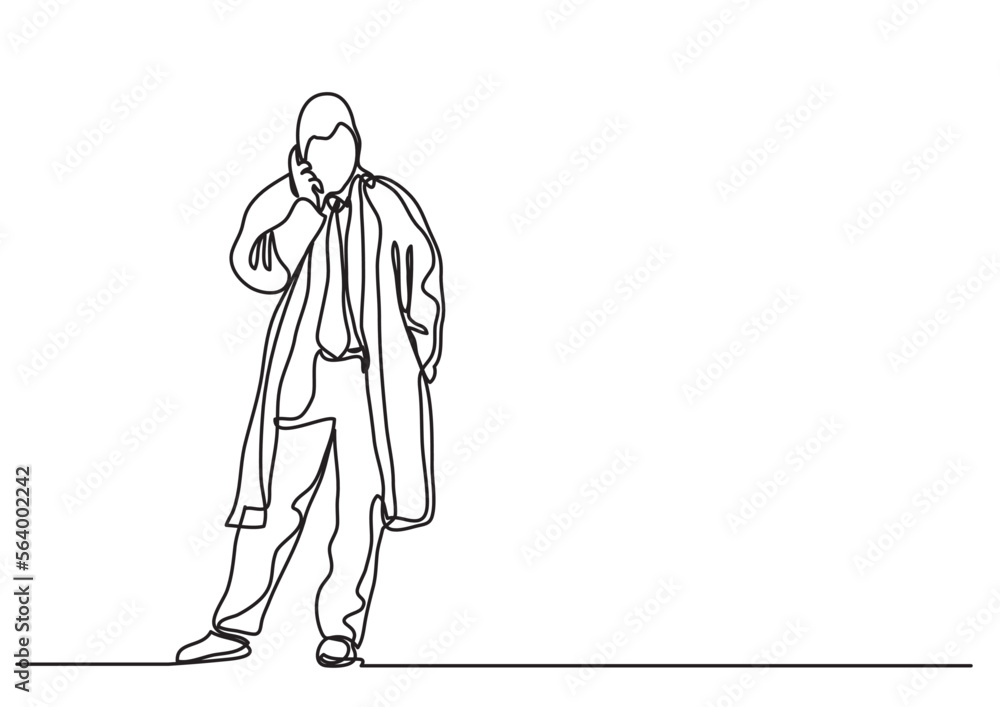 continuous line drawing vector illustration with FULLY EDITABLE STROKE of businessman talking on mobilephone continuous line drawing vector illustration with FULLY EDITABLE STROKE of businessman talking on mobilephone