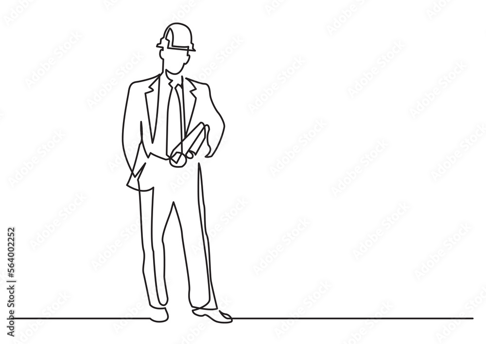 continuous line drawing vector illustration with FULLY EDITABLE STROKE of construction engineer