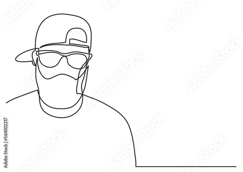 continuous line drawing vector illustration with FULLY EDITABLE STROKE of bearded man in cap