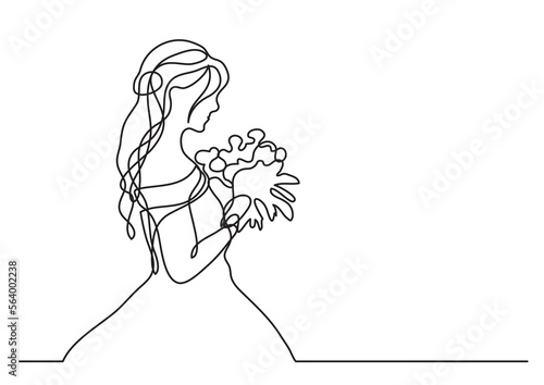 continuous line drawing vector illustration with FULLY EDITABLE STROKE of bride holding bouquet