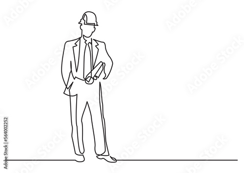 continuous line drawing vector illustration with FULLY EDITABLE STROKE of construction engineer