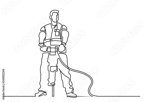 continuous line drawing vector illustration with FULLY EDITABLE STROKE of construction worker with jackhammer