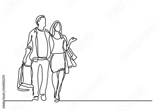 continuous line drawing vector illustration with FULLY EDITABLE STROKE of couple shopping