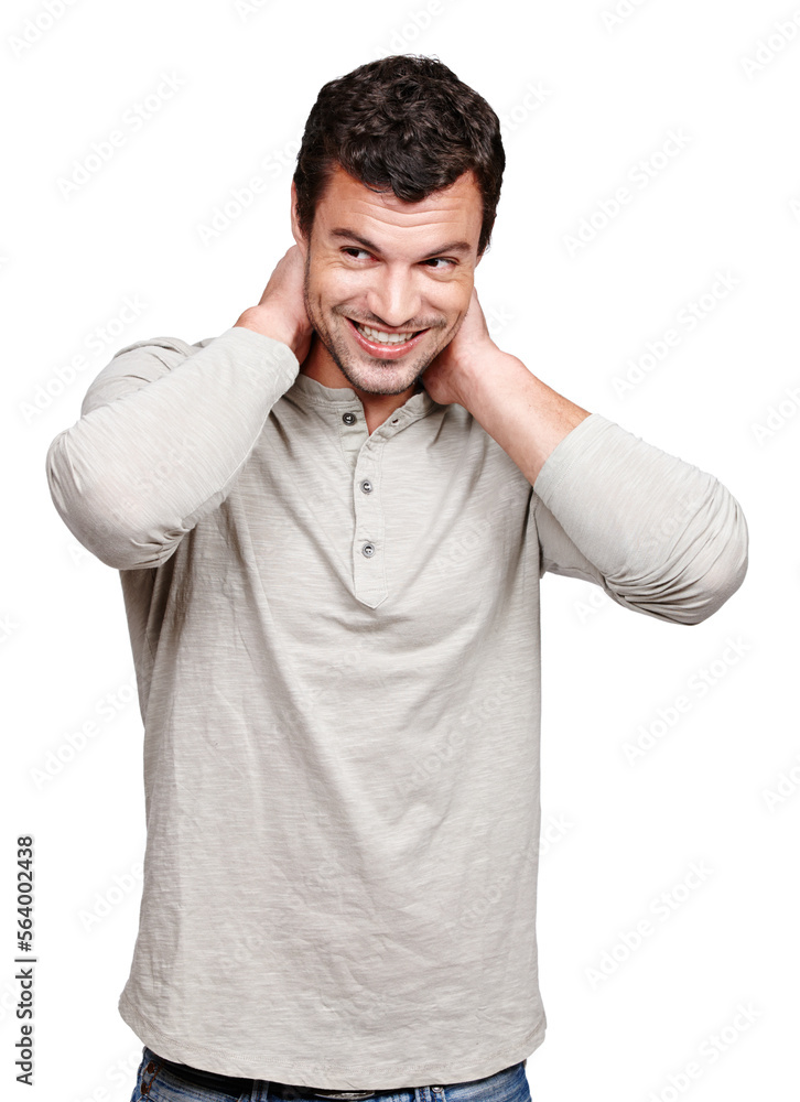 Face, smile and shy man in studio isolated on a white background looking happy and shy. Thinking, cool and modern model male posing in casual clothes for trendy style and positive mindset or idea Face, smile and shy man in studio isolated on a white background looking happy and shy. Thinking, cool and modern model male posing in casual clothes for trendy style and positive mindset or idea