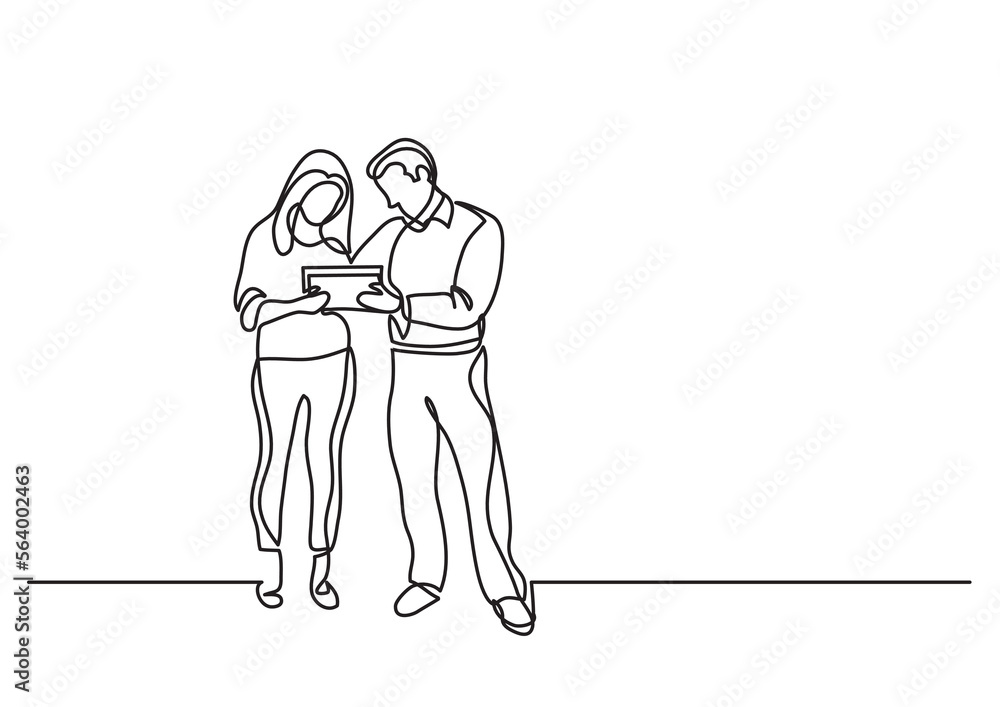 continuous line drawing vector illustration with FULLY EDITABLE STROKE of man woman standing discussing work