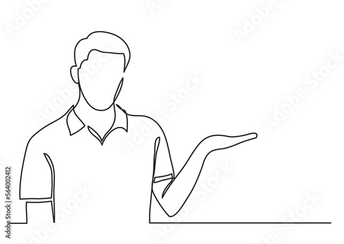 continuous line drawing vector illustration with FULLY EDITABLE STROKE of man showing something