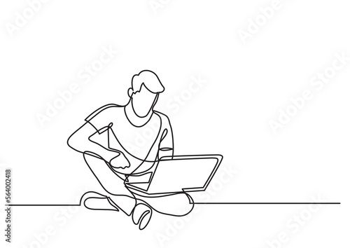 continuous line drawing vector illustration with FULLY EDITABLE STROKE of man sitting with laptop