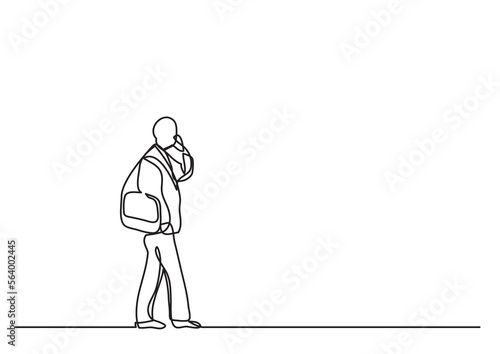 continuous line drawing vector illustration with FULLY EDITABLE STROKE of man walking talking on cell phone