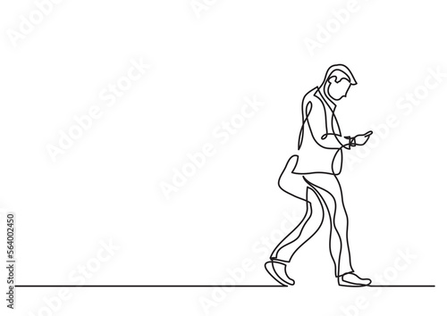 continuous line drawing vector illustration with FULLY EDITABLE STROKE of man walking with phone