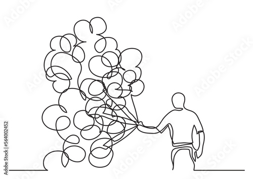 continuous line drawing vector illustration with FULLY EDITABLE STROKE of man with balloons