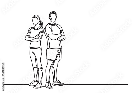continuous line drawing vector illustration with FULLY EDITABLE STROKE of man woman fitess instructors standing