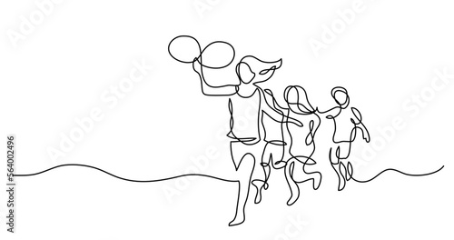 continuous line drawing vector illustration with FULLY EDITABLE STROKE of of happy children running on beach with balloons