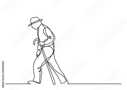 continuous line drawing vector illustration with FULLY EDITABLE STROKE of old man walking