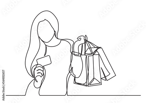 continuous line drawing vector illustration with FULLY EDITABLE STROKE of shopping woman with bags and credit card