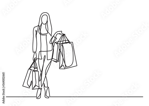 continuous line drawing vector illustration with FULLY EDITABLE STROKE of shopping woman with bags