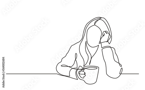 continuous line drawing vector illustration with FULLY EDITABLE STROKE of sitting dreaming woman with cup of tea