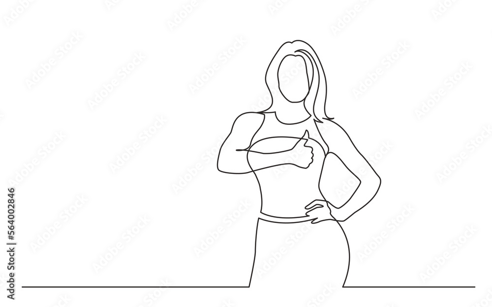 continuous line drawing vector illustration with FULLY EDITABLE STROKE of standing woman showing thumb up continuous line drawing vector illustration with FULLY EDITABLE STROKE of standing woman showing thumb up