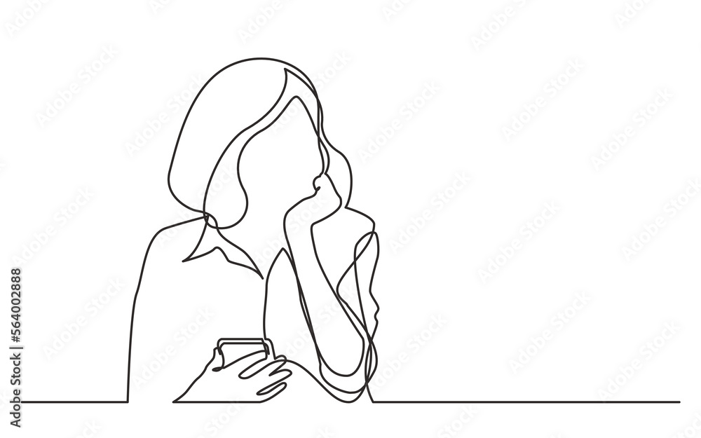 continuous line drawing vector illustration with FULLY EDITABLE STROKE of thinking woman holding cell phone continuous line drawing vector illustration with FULLY EDITABLE STROKE of thinking woman holding cell phone