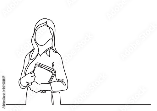 continuous line drawing vector illustration with FULLY EDITABLE STROKE of standing teacher with books