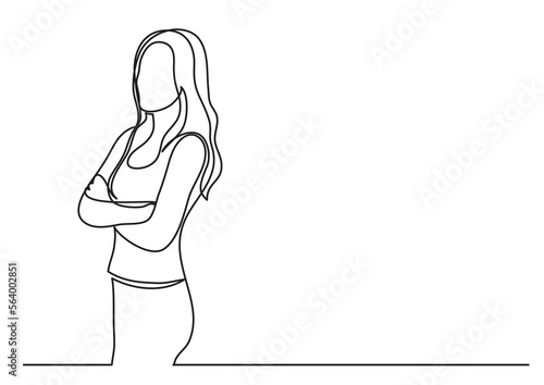continuous line drawing vector illustration with FULLY EDITABLE STROKE of standing woman thinking