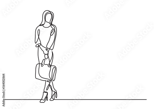 continuous line drawing vector illustration with FULLY EDITABLE STROKE of standing woman with handbag