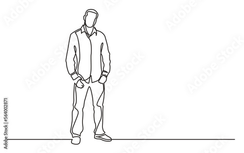 continuous line drawing vector illustration with FULLY EDITABLE STROKE of standing young guy in shirt jeans