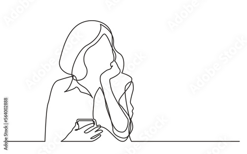 continuous line drawing vector illustration with FULLY EDITABLE STROKE of thinking woman holding cell phone
