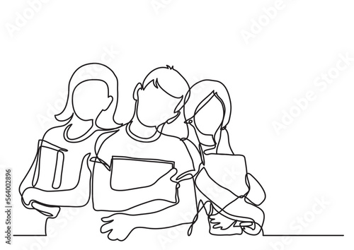 continuous line drawing vector illustration with FULLY EDITABLE STROKE of three standing school kids with books