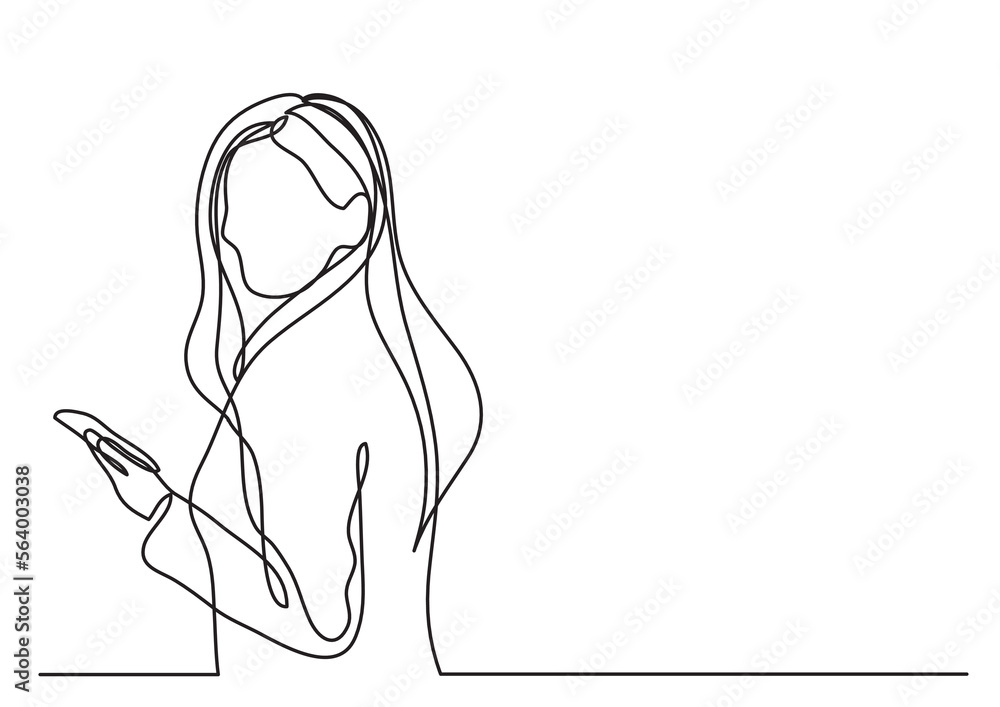 continuous line drawing vector illustration with FULLY EDITABLE STROKE of woman with mobile phone