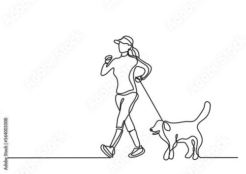 continuous line drawing vector illustration with FULLY EDITABLE STROKE of woman walking with dog