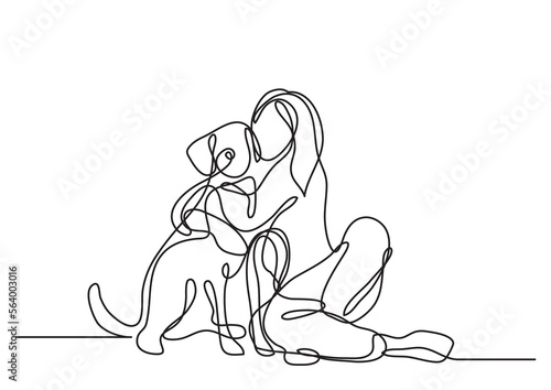 continuous line drawing vector illustration with FULLY EDITABLE STROKE of woman with dog