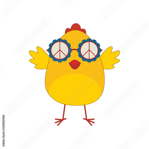 Easter cartoon chick in sunglasses. Chick in groovy hippie style.Design for t-shirts,posters,cards,print. Trendy retro 60s, 70s