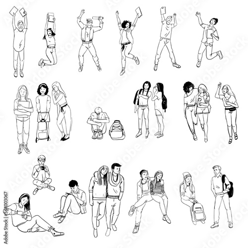 Set of teenagers in their daily lives. Vector sketch illustration.
