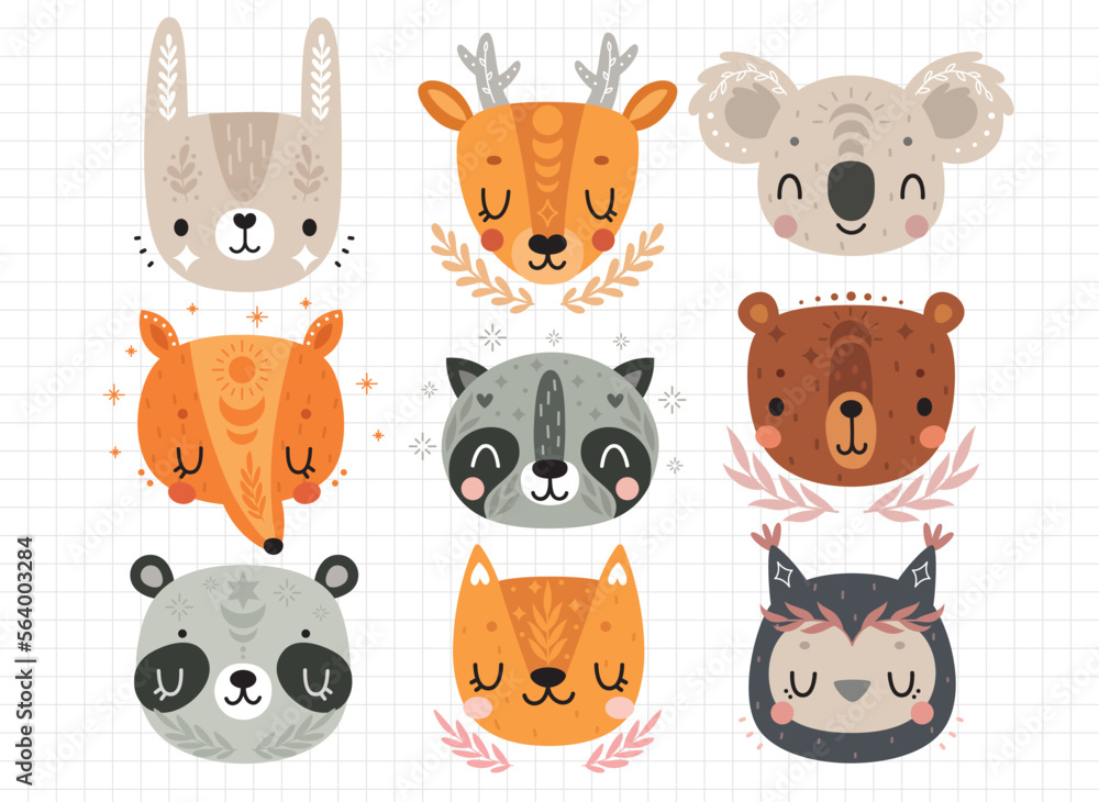 Obraz premium Cute Boho animals - rabbit, deer, koala, fox, bear, panda, raccoon, owl, cat. Childish characters for your design.
